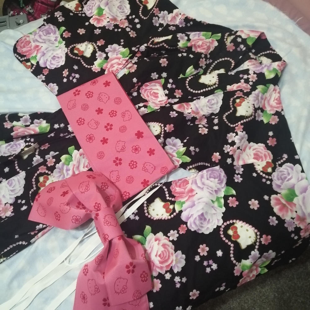 Sanrio Black Floral Maxi Dress with Pink Obi